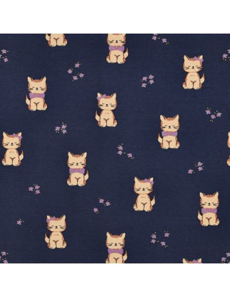 Tissu jersey glitter - Chat bleu marine