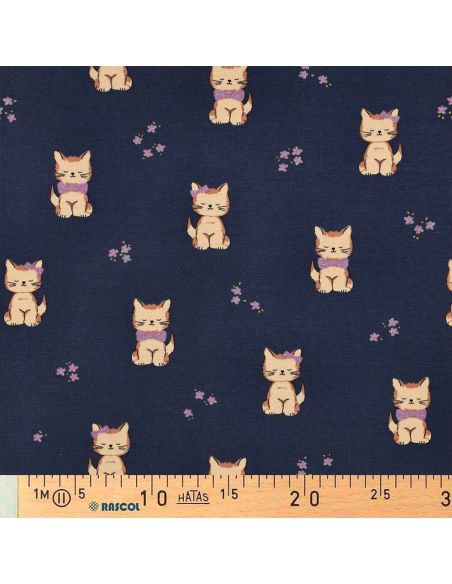 Tissu jersey glitter - Chat bleu marine