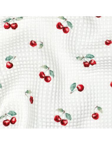 Tissu torchon nid d´abeille d'imprimé - Cerises