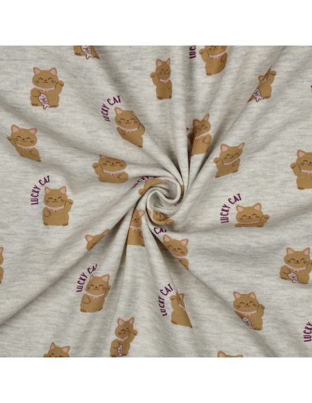 Tissu sweat molleton Lucky cat - Blanc cassé