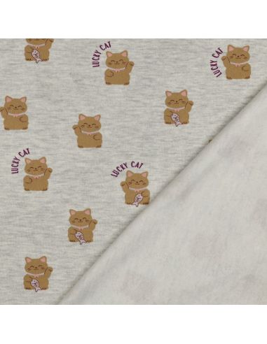 Tissu sweat molleton Lucky cat - Blanc cassé