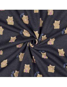 Tissu sweat molleton Lucky cat - Bleu marine