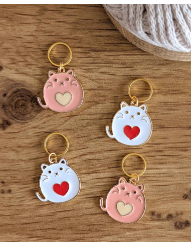 Lot de 4 anneaux marqueurs de maille - Chats coeurs