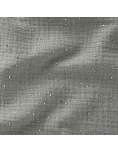 Tissu double gaze de coton mini pois dorés - Vert de gris