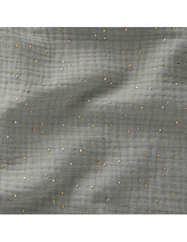 Tissu double gaze de coton mini pois dorés - Vert de gris