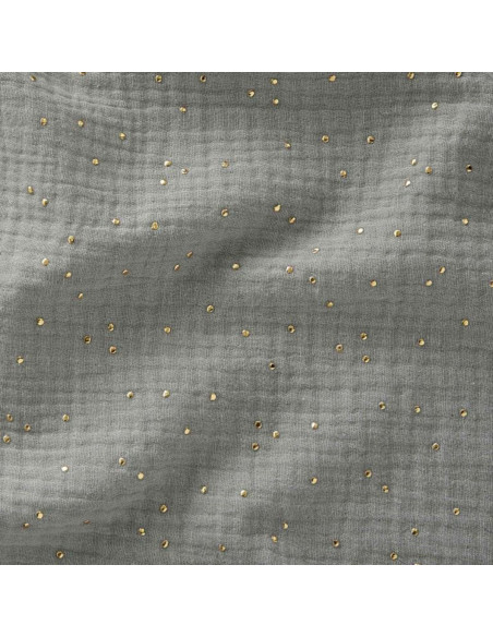 Tissu double gaze de coton mini pois dorés - Vert de gris