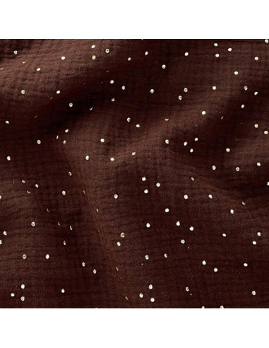 Tissu double gaze de coton mini pois dorés - Marron foncé