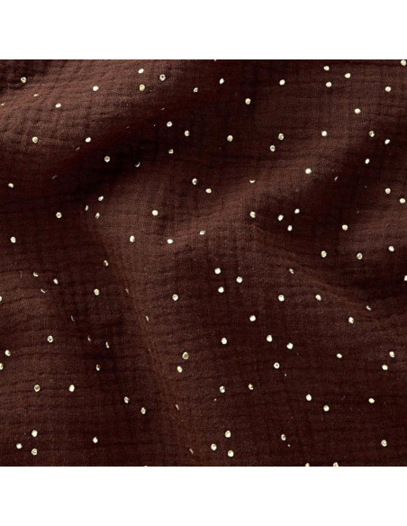 Tissu double gaze de coton mini pois dorés - Marron foncé