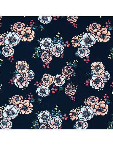 Tissu lycra maillot de bain - Fleurs fond bleu marine