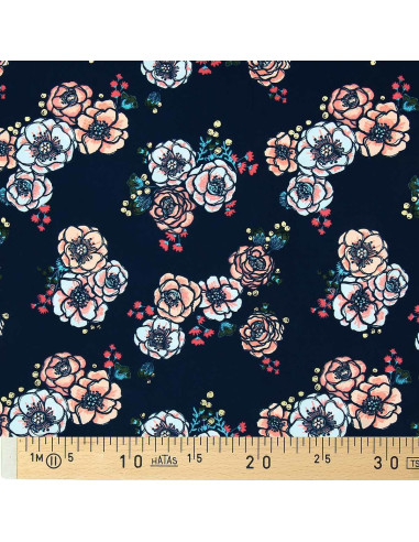 Tissu lycra maillot de bain - Fleurs fond bleu marine