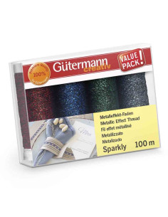 Set de 4 fils à coudre Gütermann Sparkly - Rouge, bleu, vert et marine