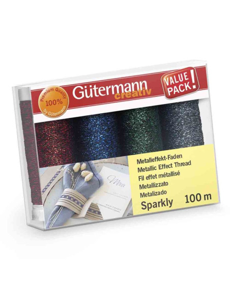 Set de 4 fils à coudre Gütermann Sparkly - Rouge, bleu, vert et marine