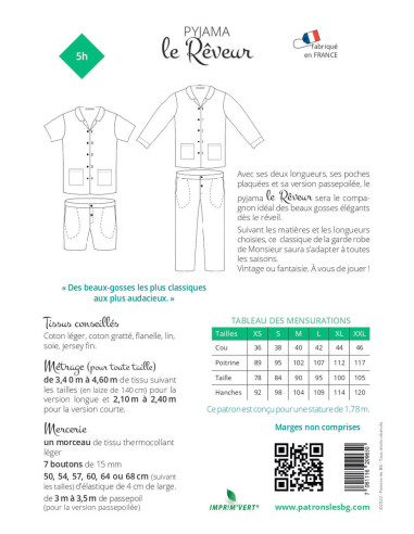 Patron de pyjama pour homme Le Rêveur - Les BG