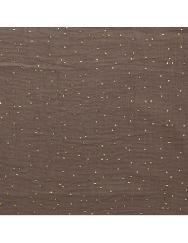 Tissu double gaze de coton mini pois dorés - Châtaigne