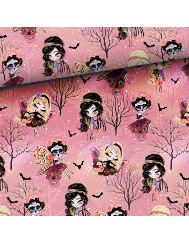 Tissu sweat - Fées d´halloween fond rose