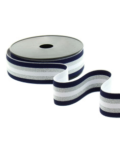 Elastique fantaisie lurex rayé bleu marine, blanc et argent 40 mm