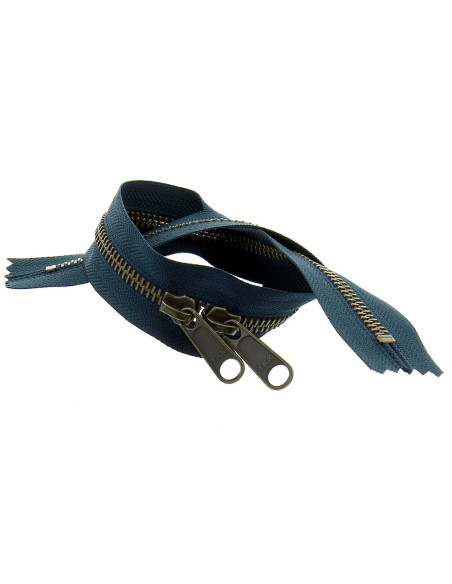 Fermeture dos à dos métal pour sacs 40 cm - Marine et bronze