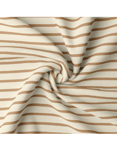 Tissu jersey rayé breton - Écru et camel