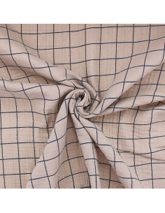 Tissu double gaze à carreaux - Galet et indigo