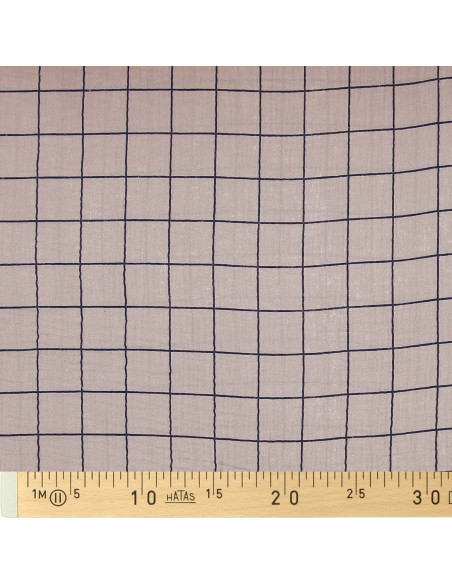 Tissu double gaze à carreaux - Galet et indigo