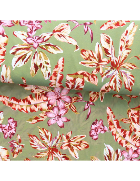 Tissu lycra maillot de bain - Fleurs fond vert