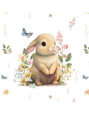 Panneau tissu sweat léger 40 cm x 50 cm - Lapin dans la clairière fond écru