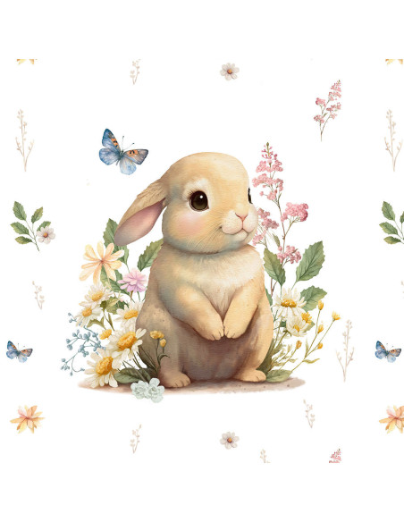Panneau tissu sweat léger 40 cm x 50 cm - Lapin dans la clairière fond écru