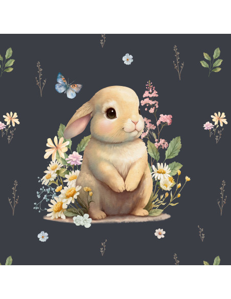 Panneau tissu sweat léger 40 cm x 50 cm - Lapin dans la clairière fond gris foncé