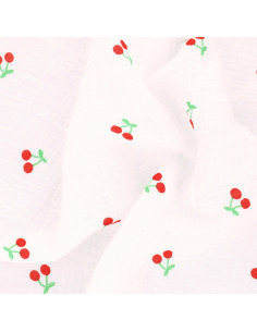 Tissu double gaze de coton - Cerises fond blanc