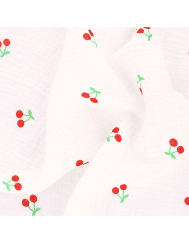 Tissu double gaze de coton - Cerises fond blanc
