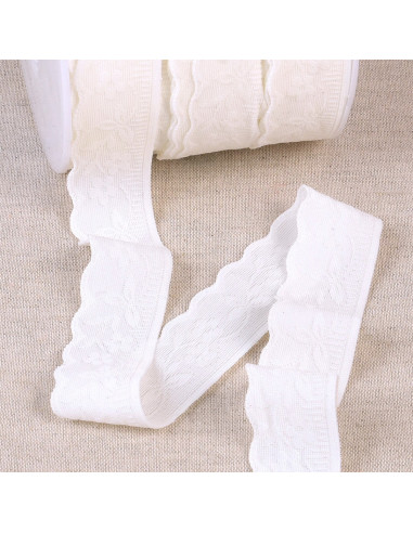 Elastique lingerie façon dentelle fleurs et feuilles blanc