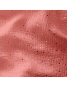 Tissu double gaze de coton mini pois dorés - Sorbet