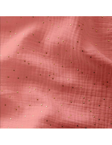 Tissu double gaze de coton mini pois dorés - Sorbet