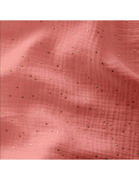 Tissu double gaze de coton mini pois dorés - Sorbet