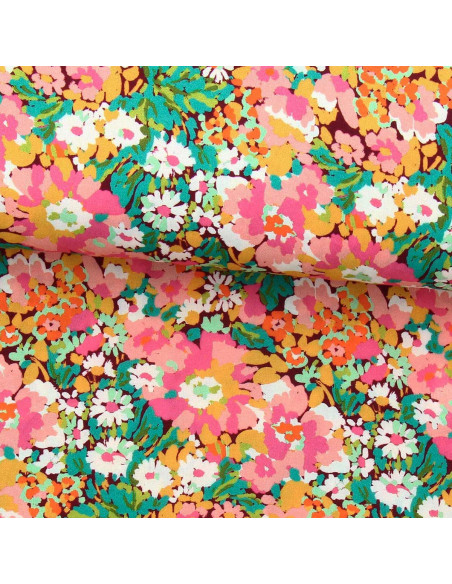 Tissu viscose fantaisie - Silene marron et rose