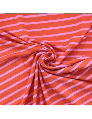 Tissu jersey rayé breton - Tangerine et bonbon