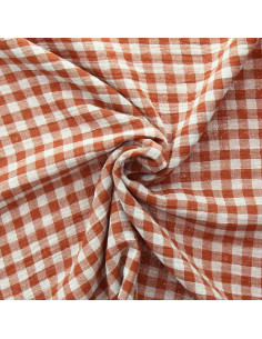 Tissu double gaze gaufrée vichy - Cognac et blanc cassé