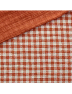 Tissu double gaze gaufrée vichy - Cognac et blanc cassé 2