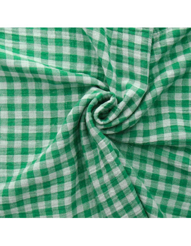 Tissu double gaze gaufrée vichy - Trèfle et blanc cassé