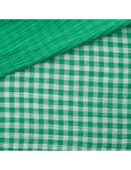 Tissu double gaze gaufrée vichy - Trèfle et blanc cassé