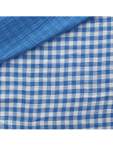 Tissu double gaze gaufrée vichy - Azur et blanc cassé