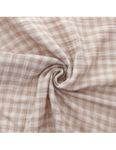 Tissu double gaze gaufrée vichy - Galet et blanc cassé