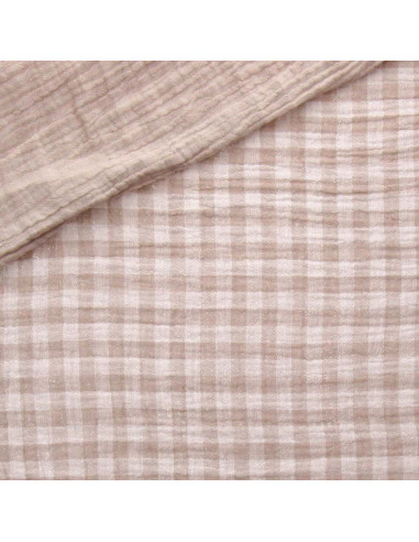 Tissu double gaze gaufrée vichy - Galet et blanc cassé