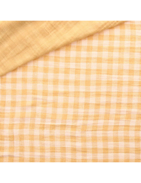 Tissu double gaze gaufrée vichy - Blé et blanc cassé
