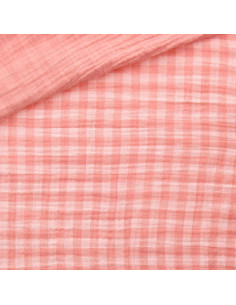 Tissu double gaze gaufrée vichy - Barbe à papa et blanc cassé 2