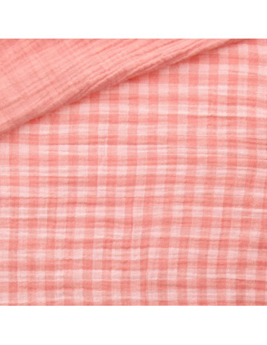 Tissu double gaze gaufrée vichy - Barbe à papa et blanc cassé