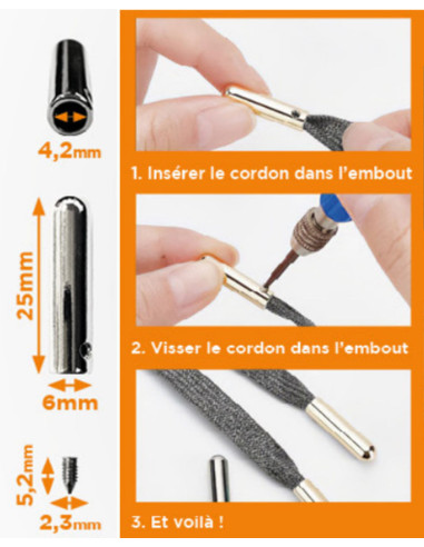 Set de 10 embouts métal pour cordons avec vis - Argent
