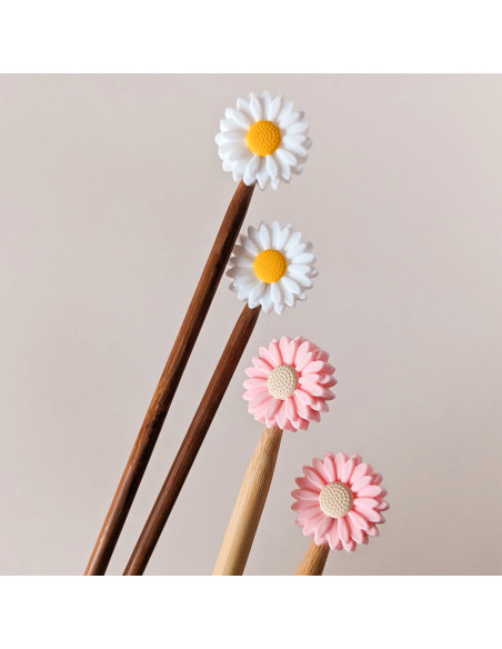 Lot de 4 bouchons stoppeurs de mailles pour aiguilles à tricoter - Marguerite blanc et rose