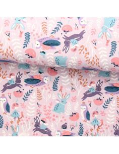 Tissu popeline de coton - Fées des bois violet et rose