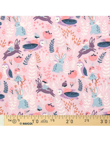 Tissu popeline de coton - Fées des bois violet et rose